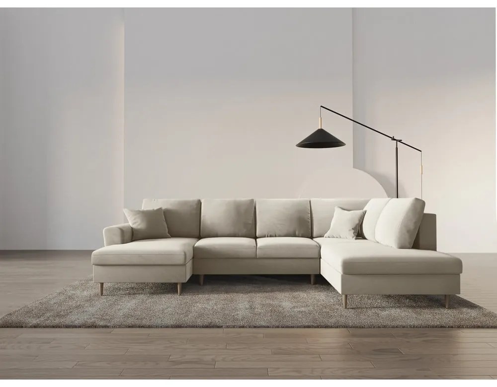 Бежов кадифен разтегателен ъглов диван с място за съхранение (десен ъгъл/U форма) Kyoto – Cosmopolitan Design