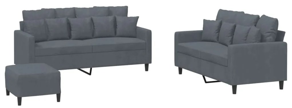 3201711 vidaXL Комплект дивани от 3 части с възглавници, тъмносив, кадифе