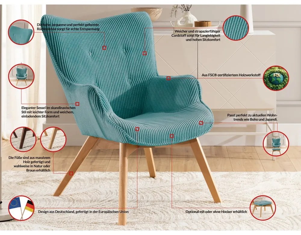 Тюркоазен фотьойл с табуретка от рипсено кадифе Niko – Ropez