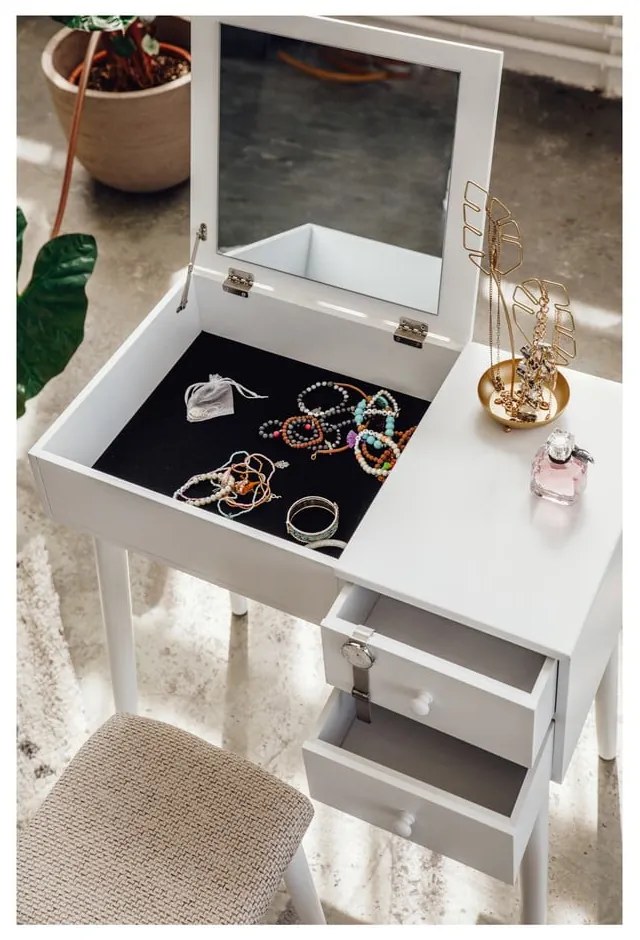 Бяла тоалетка с огледало, кутия за бижута и 2 чекмеджета Красота - Bonami Essentials