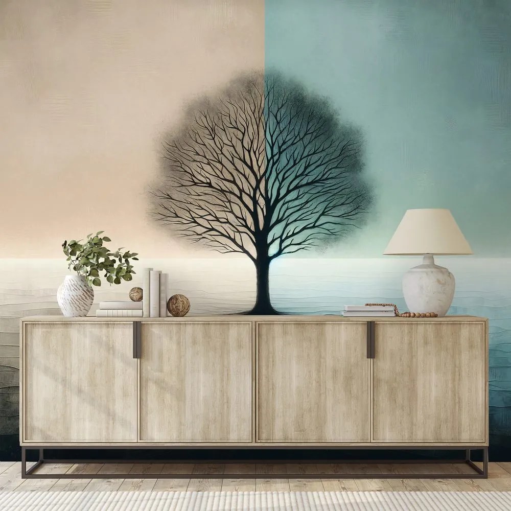 Самозалепващ тапет – Дървото на живота в синьо-бежов контраст