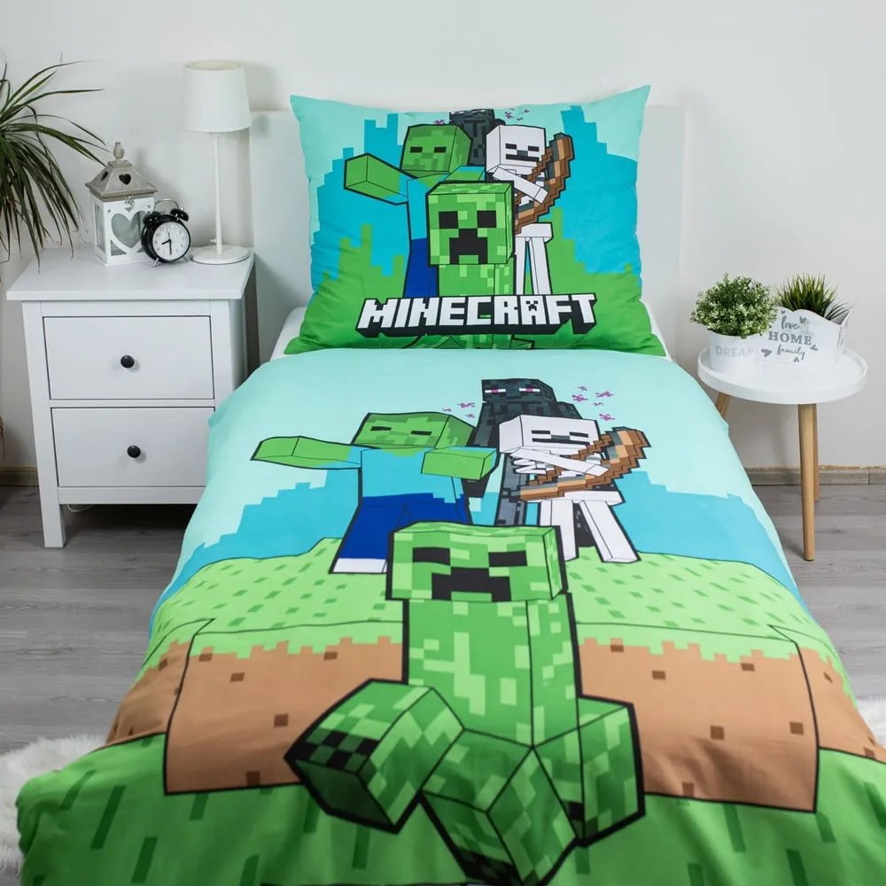 Зелено-синьо единично памучно детско спално бельо 140x200 cm Minecraft "Mobs Here" – Jerry Fabrics