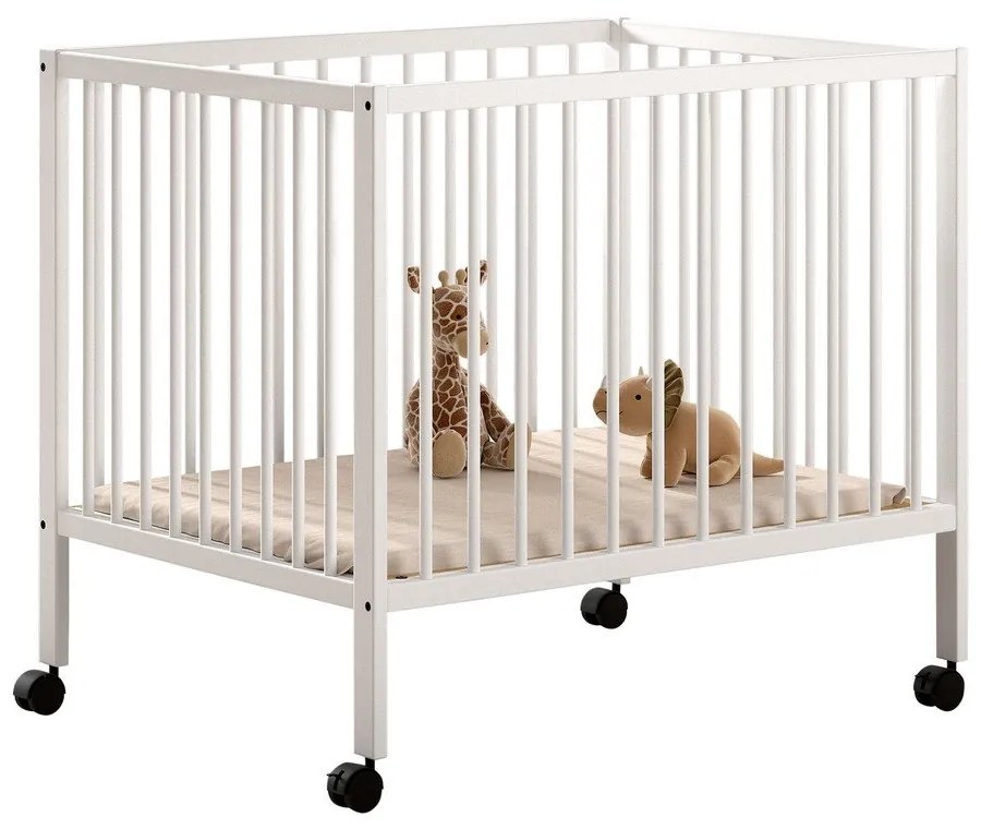 Бяла кошара за игра от масивен бук с регулируема височина/на колелца 95x75 cm Dino – Vipack
