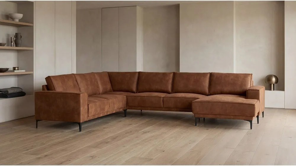 Кафяв ъглов диван от изкуствена кожа (десен ъгъл/"U") Copenhagen - Scandic