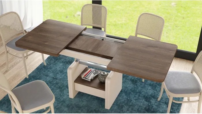 ЛЕКСУС Кафяв дъб/Бежов (Шампанско) - МОДЕРНА РАЗТЕГАТЕЛНА ХОЛНА МАСА С ПОВДИГАЩ МЕХАНИЗЪМ