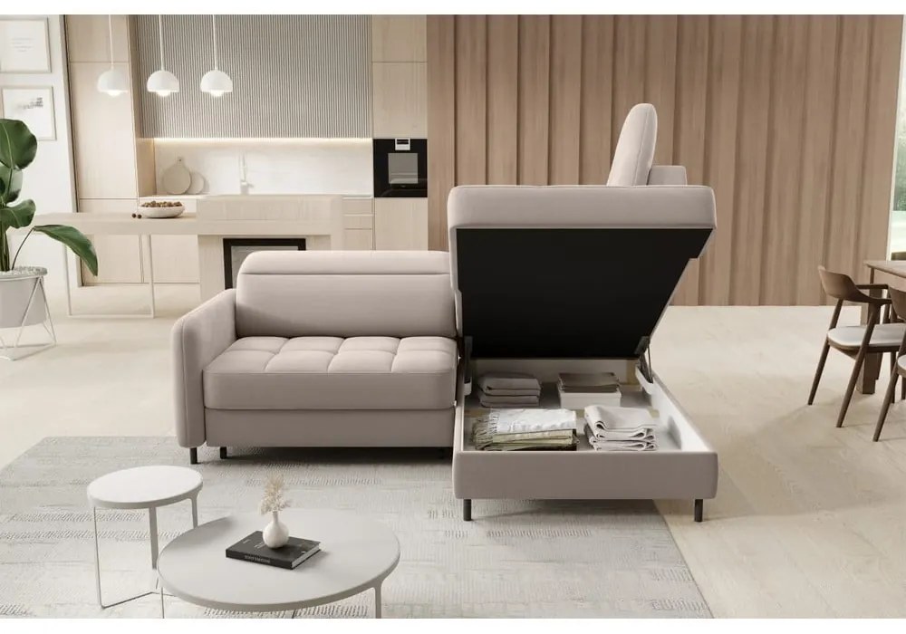 Светлокафяв кадифен разтегателен ъглов диван с място за съхранение (десен ъгъл L форма) Barea – ELTAP