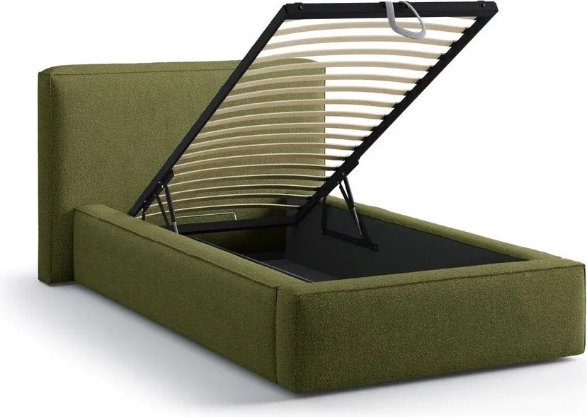 Зелено единично легло 90x200 cm тапицирано с място за съхранение с включена подматрачна рамка Jodie – Micadoni