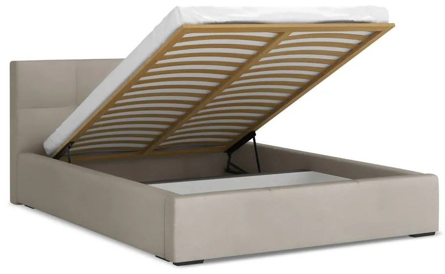 Кафяво-сиво кадифено двойно легло 140x200 cm тапицирано с място за съхранение и включена подматрачна рамка Hiko – Makamii