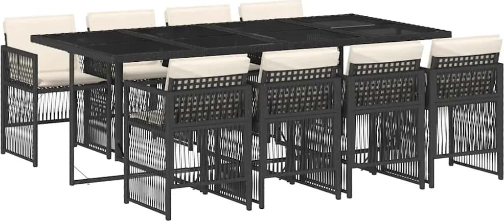 3210918 vidaXL Градински трапезен комплект възглавници 9 части черен полиратан