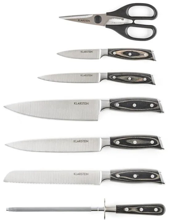 Klarstein KATANA 8 комплект ножове 8-части ножици наточващ стоманен нож блок