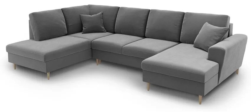 Светлосив кадифен разтегателен ъглов диван с място за съхранение (ляв ъгъл/U форма) Kyoto – Cosmopolitan Design