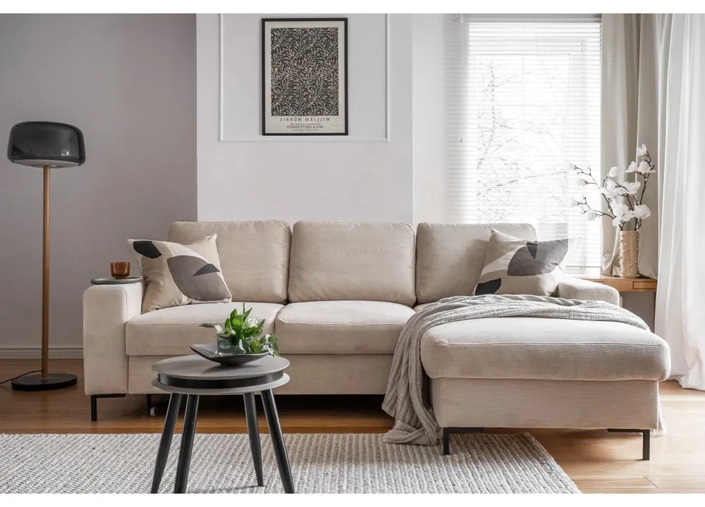 Бежов разтегателен ъглов диван от рипсено кадифе (десен ъгъл) Lofty Lilly – Miuform