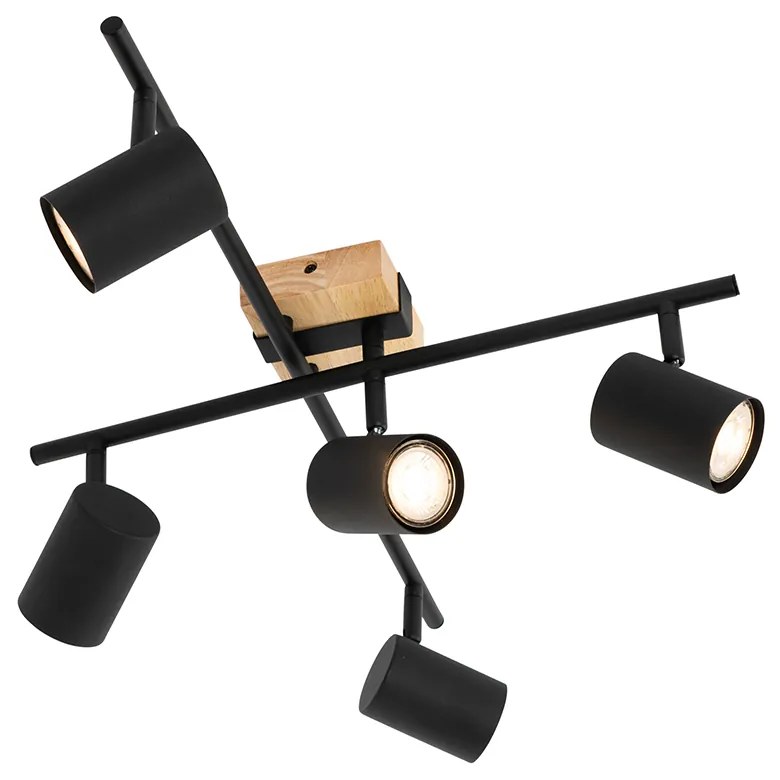 Таванна лампа черна с дърво 5-светлина регулируема правоъгълна - Jeana