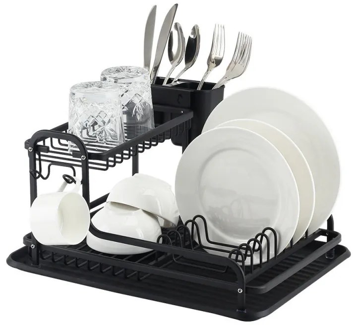 Сушилник за съдове Luigi Ferrero FR-4028AD, 43x38.5x22 см, 2 нива, Тава за отцеждане, Неплъзгащ се, Стойки, Черен