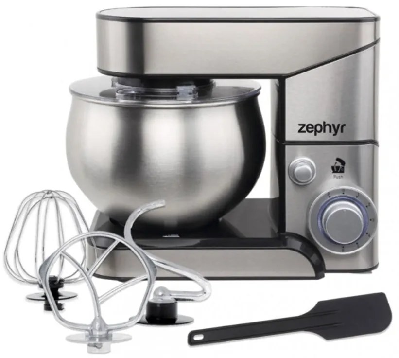 Планетарен миксер с иноксова купа ZEPHYR ZP 1115 U, 1000W, 5 литра, 6 степени, Приставки, Стомана, Сребрист