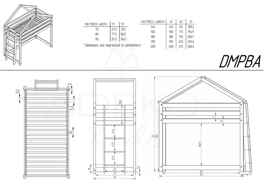 Повдигнато детско легло от борова дървесина 90x200 cm в естествен цвят Mila DMPBA - Adeko