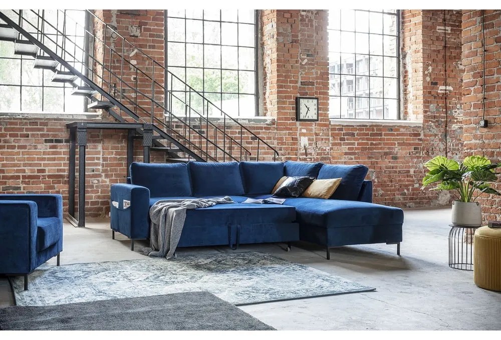 Тъмносин кадифен разтегателен ъглов диван (десен ъгъл) Lofty Lilly – Miuform
