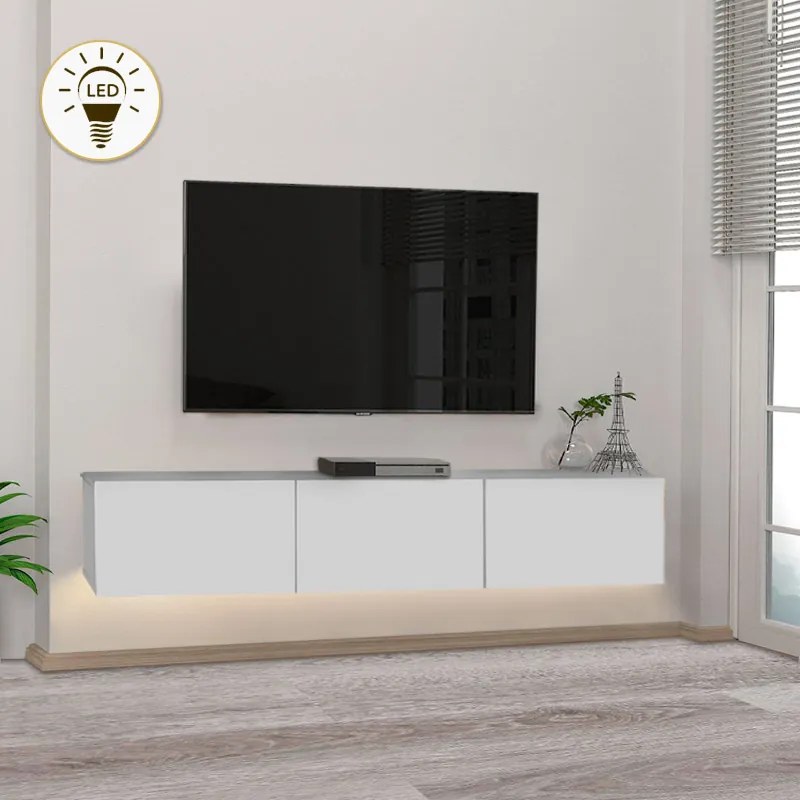 Дамла меламинов стенен ТВ шкаф с LED осветление в бял цвят 180x29.5x29.5см.