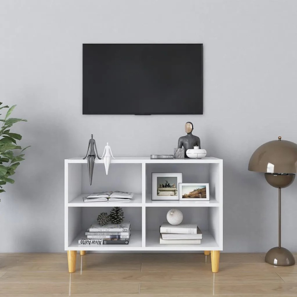 805923 vidaXL ТВ шкаф с крака от дърво масив, бял, 69,5x30x50 см