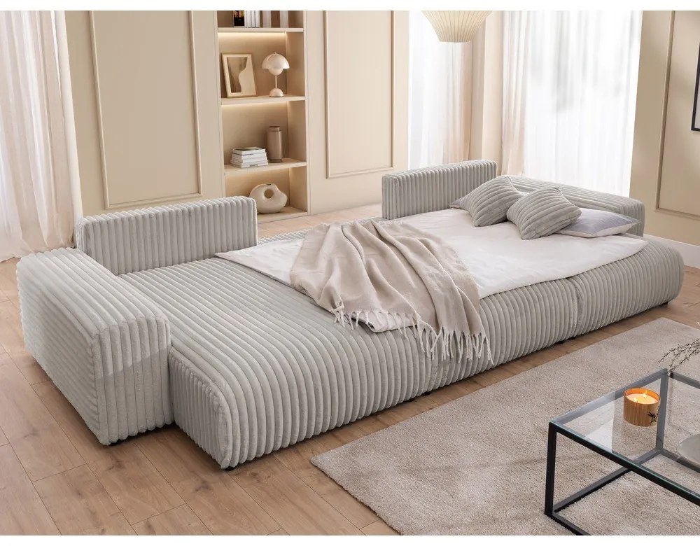 Светлосив сгъваем/с място за съхранение ъглов диван от рипсено кадифе (U форма) Sarina – Ropez