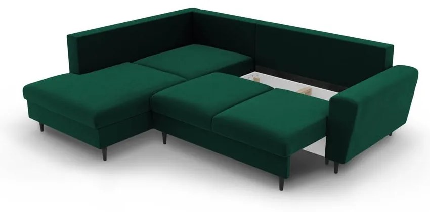Зелен кадифен разтегателен ъглов диван с място за съхранение (ляв ъгъл/L форма) Kyoto – Cosmopolitan Design