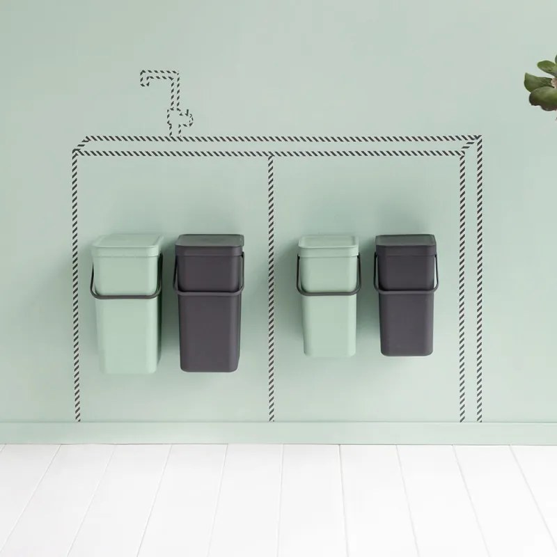 Кош за разделно събиране на боклук Brabantia Sort&Go 1005518, 2x16 л, Монтаж върху врата на кухненски шкаф, Сив/зелен