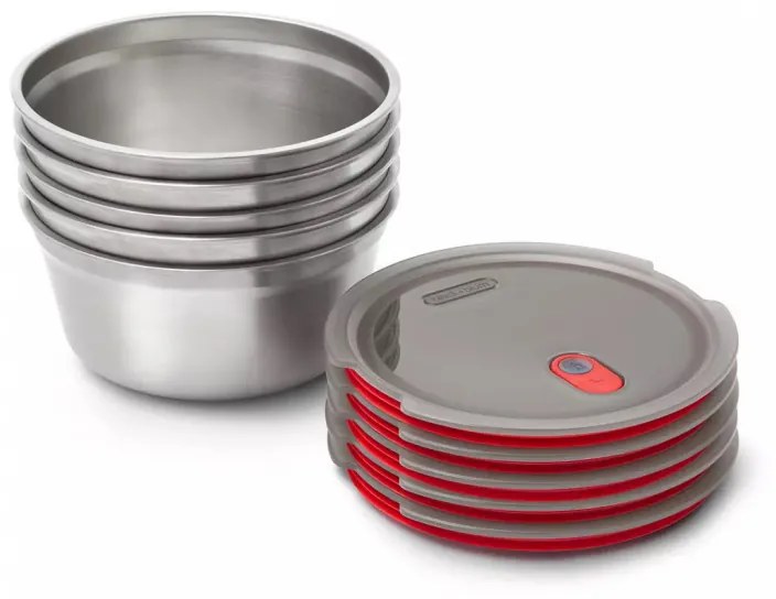 Кутия за храна Black+Blum Meal Prep FBSS-BL-S017, 650 ml, Кръгла, Подходяща за фурна, Без BPA, Неръждаема стомана, Сив/Червен