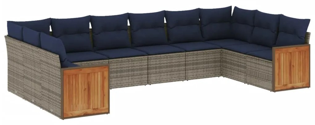 3260409 vidaXL Градински диван с възглавници, 10 части, полиратан, сив