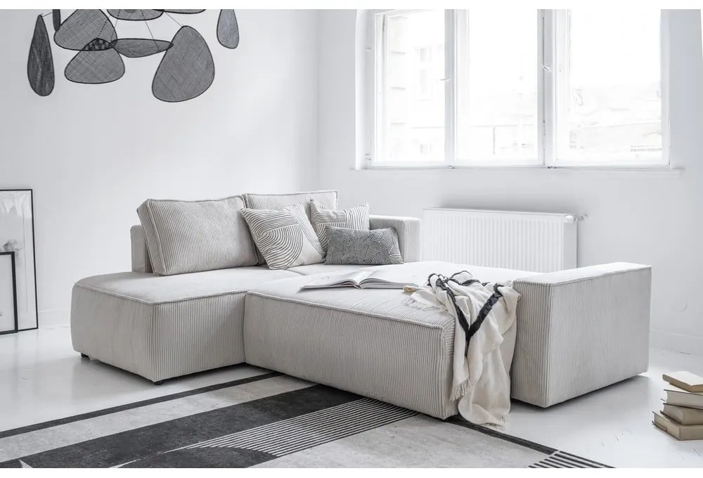 Бял разтегателен ъглов диван от рипсено кадифе (ляв ъгъл) Brave Dave – Miuform