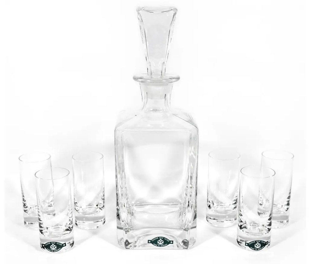 К-кт 1бр. стъклена бутилка, 1бр. стъклена тапа и 6бр. чаши за шотове прозрачни