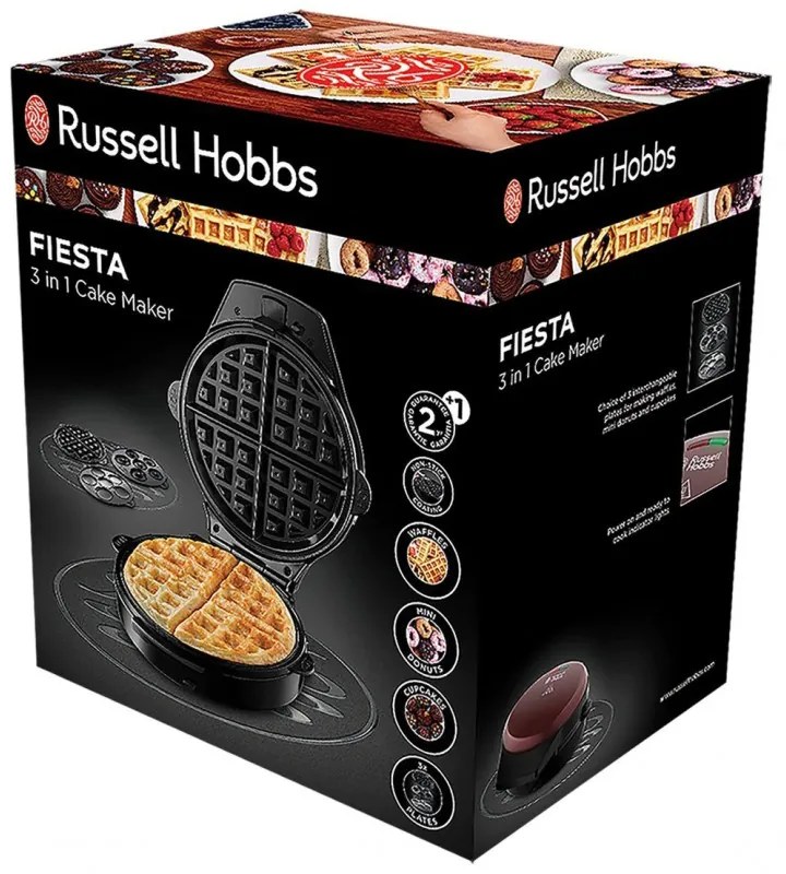 Гофретник 3в1 Russell Hobbs Fiesta 24620-56, 900w, Незалепващи плочи, Самозаключващ се капак, Бордо/черен