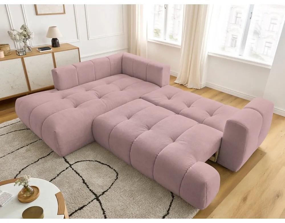 Розов сгъваем/с място за съхранение ъглов диван (ляв ъгъл/L форма) Fuji – Bobochic Paris