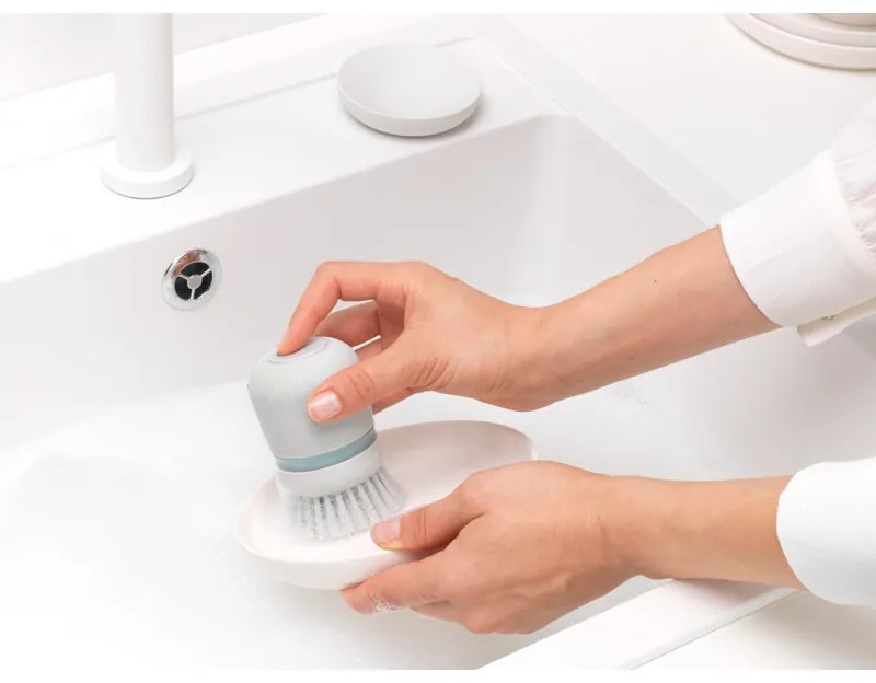 Дозатор за течен сапун с четка за миене на съдове Brabantia Sinkside 1003318, 100 мл, Полиестерни четчици, Поставка, Светлосив