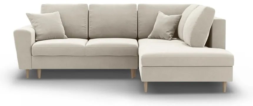 Бежов кадифен разтегателен ъглов диван с място за съхранение (десен ъгъл/L форма) Kyoto – Cosmopolitan Design