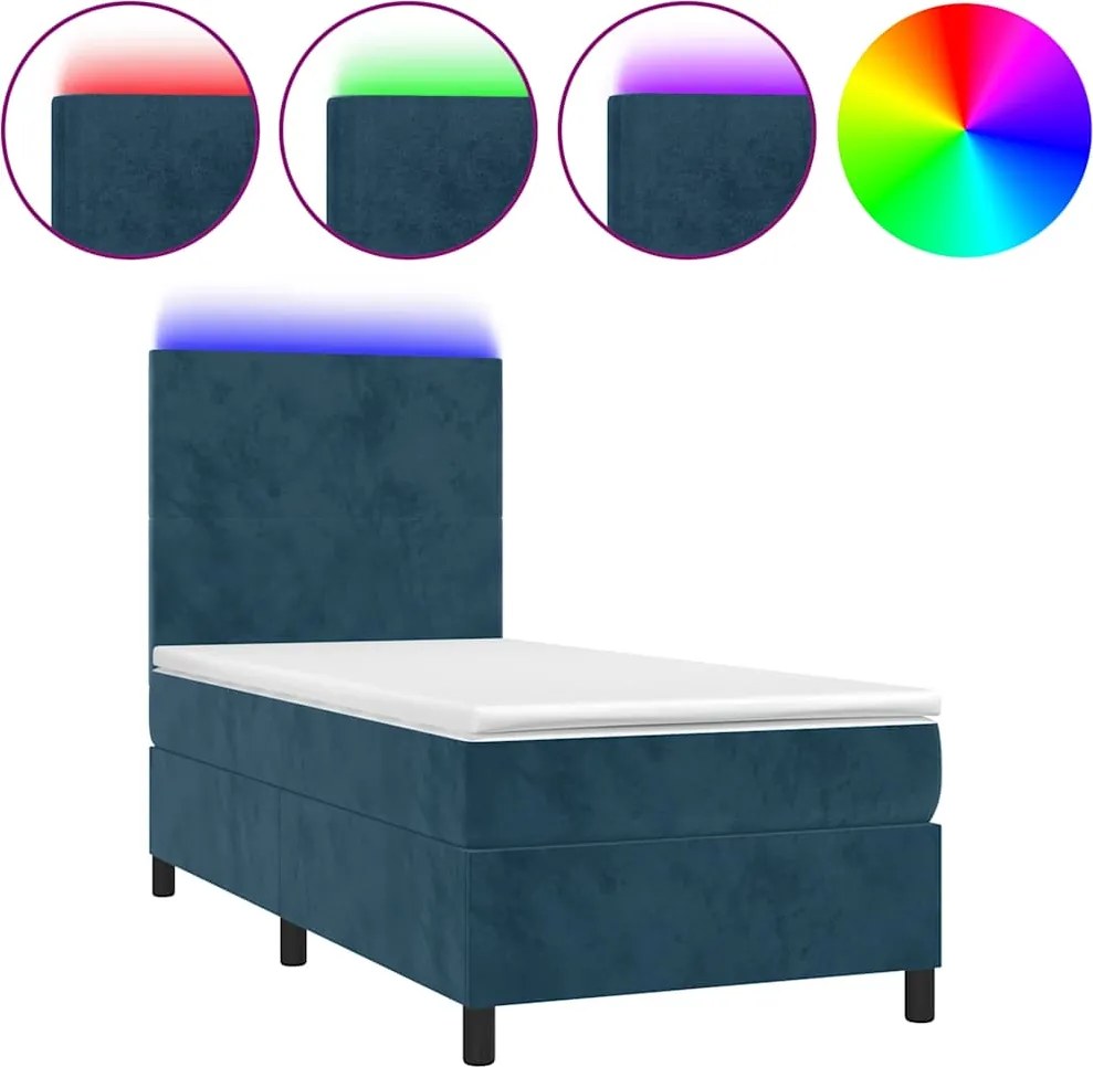 3135985 vidaXL Боксспринг легло с матрак и LED, тъмносиньо, 90x200 см, кадифе