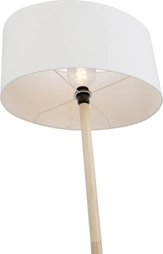 Дървена подова лампа с овален ленен абажур бял 50 см - Mels