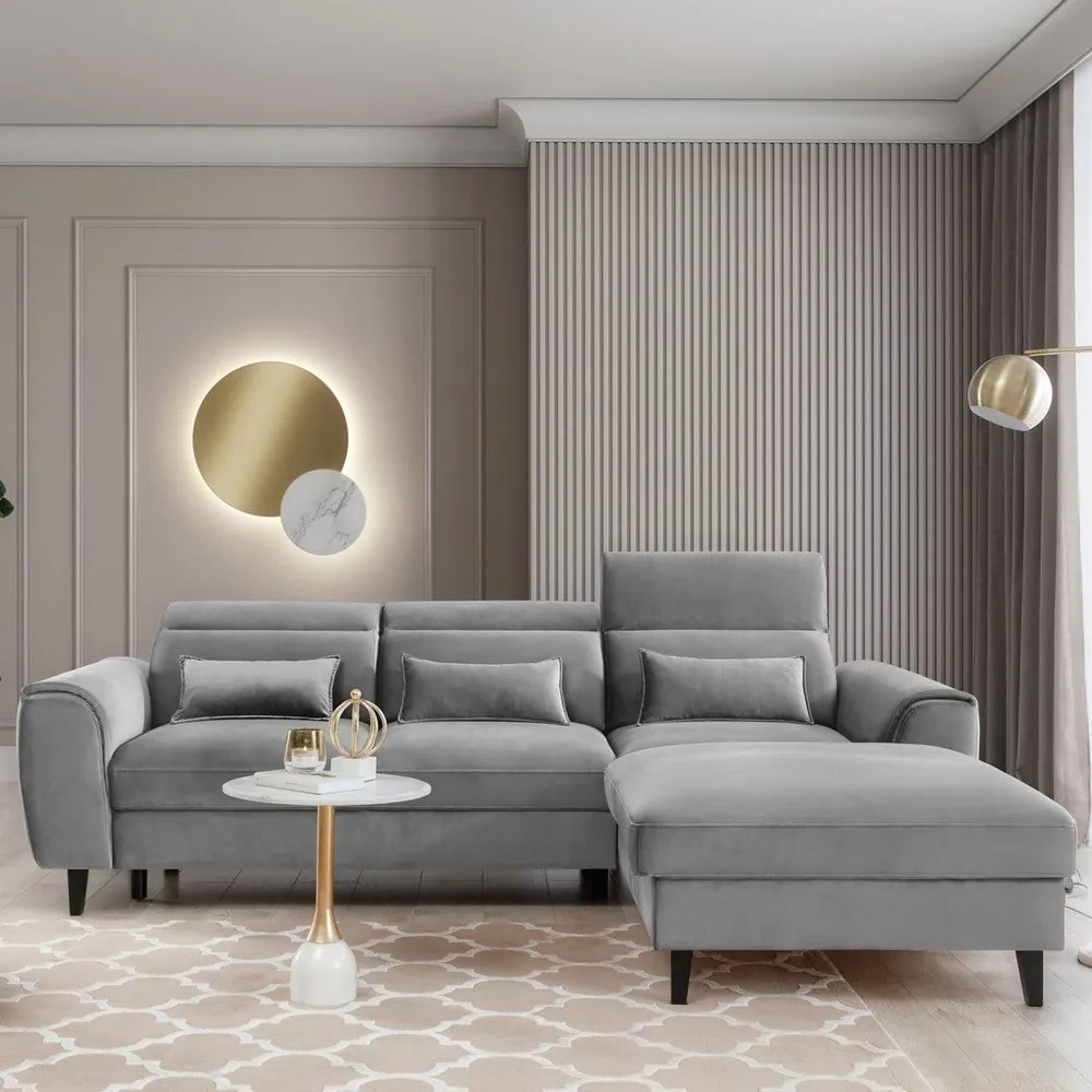 Сив кадифен разтегателен ъглов диван с място за съхранение (десен ъгъл) Foble – ELTAP