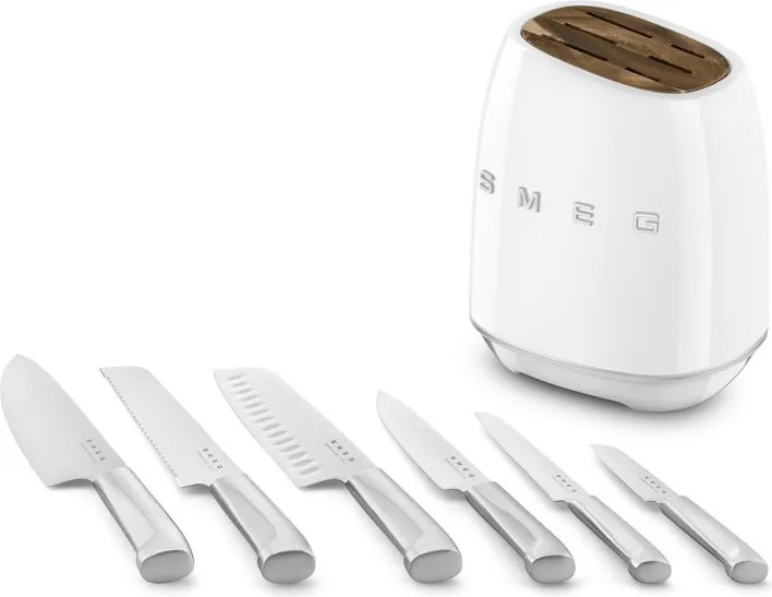 Комплект ножове със стойка SMEG KBSF02WH, 7 части, Слотове от акациево дърво, Немска неръждаема стомана, Бял