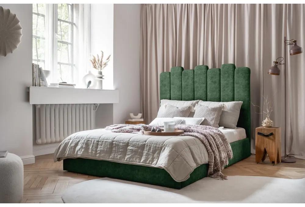 Зелено тапицирано двойно легло с място за съхранение и решетка140x200 cm Dreamy Aurora - Miuform