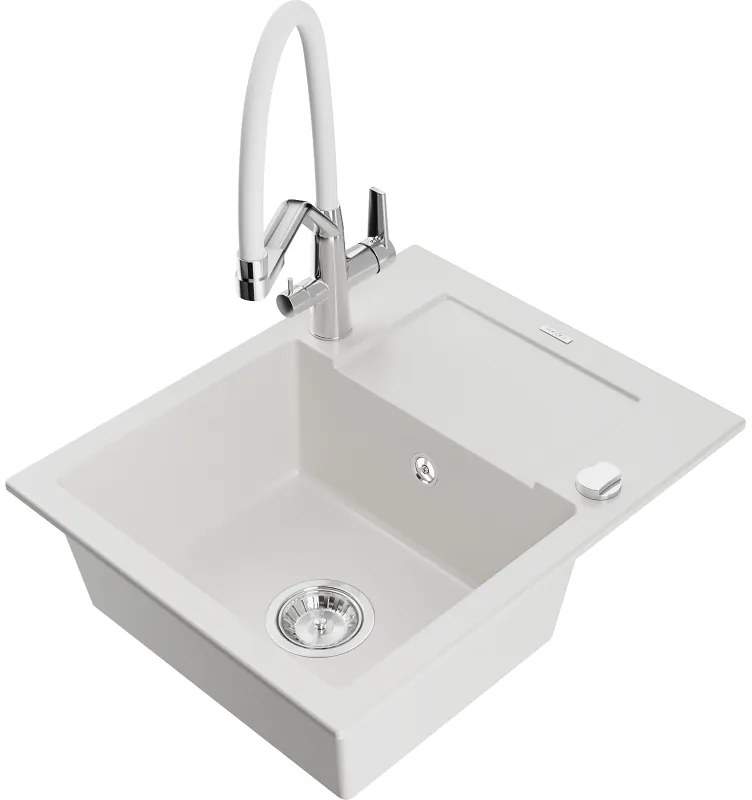 Mexen Enzo гранитна мивка с 1 корито с отцедник и кухненски смесител Duo, бял - 6506-20-671701-02