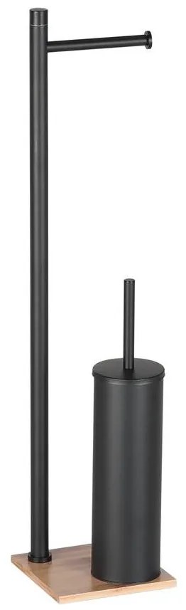 Gedy - Стояща четка за WC с държач за тоалетна хартия TRILLY матова черна/бамбук