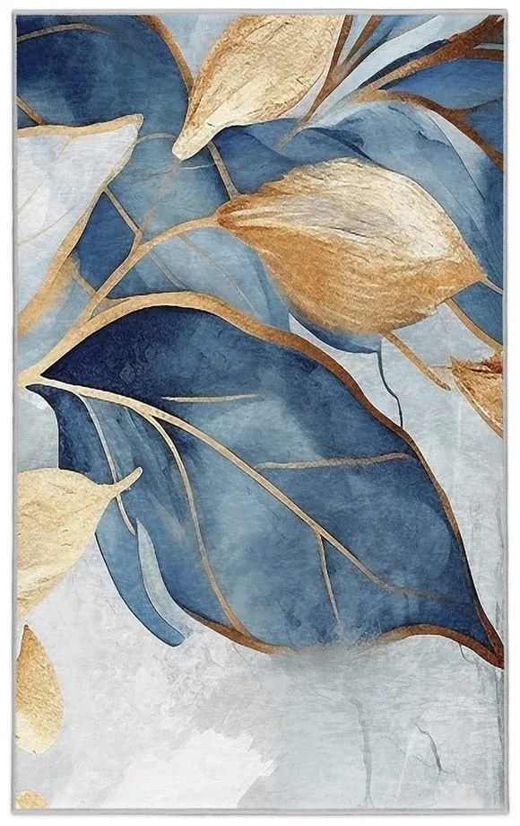 Синьо-златист килим подходящ за пране 80x150 cm Golden Leaves – Mila Home