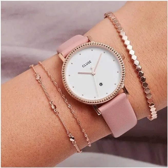 Дамски часовник с розова кожена каишка Le Couronnement - Cluse