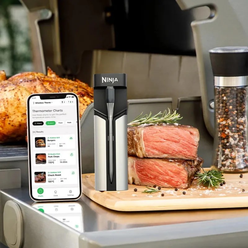 Кухненски термометър Ninja ProChef WP100EU, Bluetooth, Мобилно приложение, Сензор за вътрешна и околна темп, До 370C, Черен/сребрист