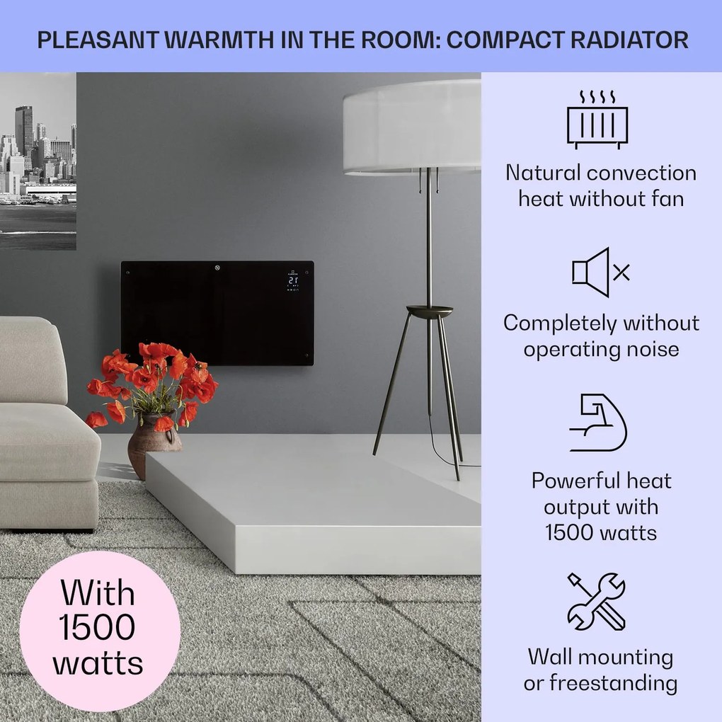 Klarstein Bansin Crystal Smart, конвекторна печка, 1500W, 5 - 50 °C, управление чрез приложение