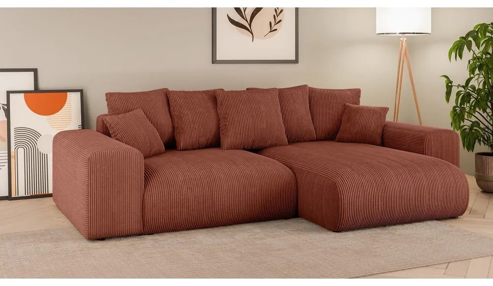 Разтегателен ъглов диван с място за съхранение от рипсено кадифе в тухлен цвят (променлив) Luma – Ropez