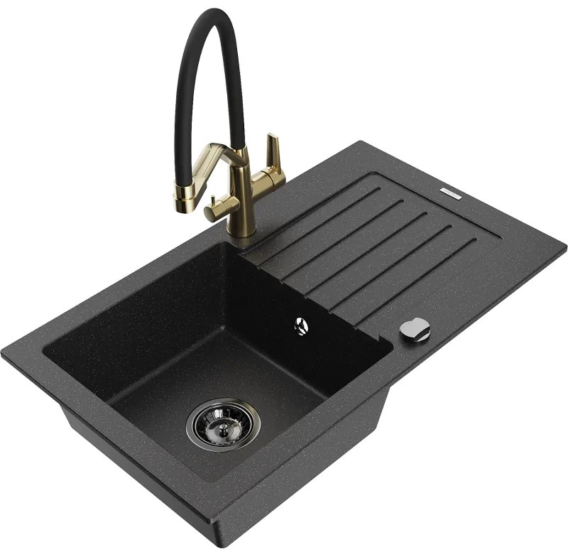 Mexen Pablo гранитна мивка с 1 отделение с капак и кухненски смесител Duo, черно/сребрист металик - 6510-73-671701-57-B