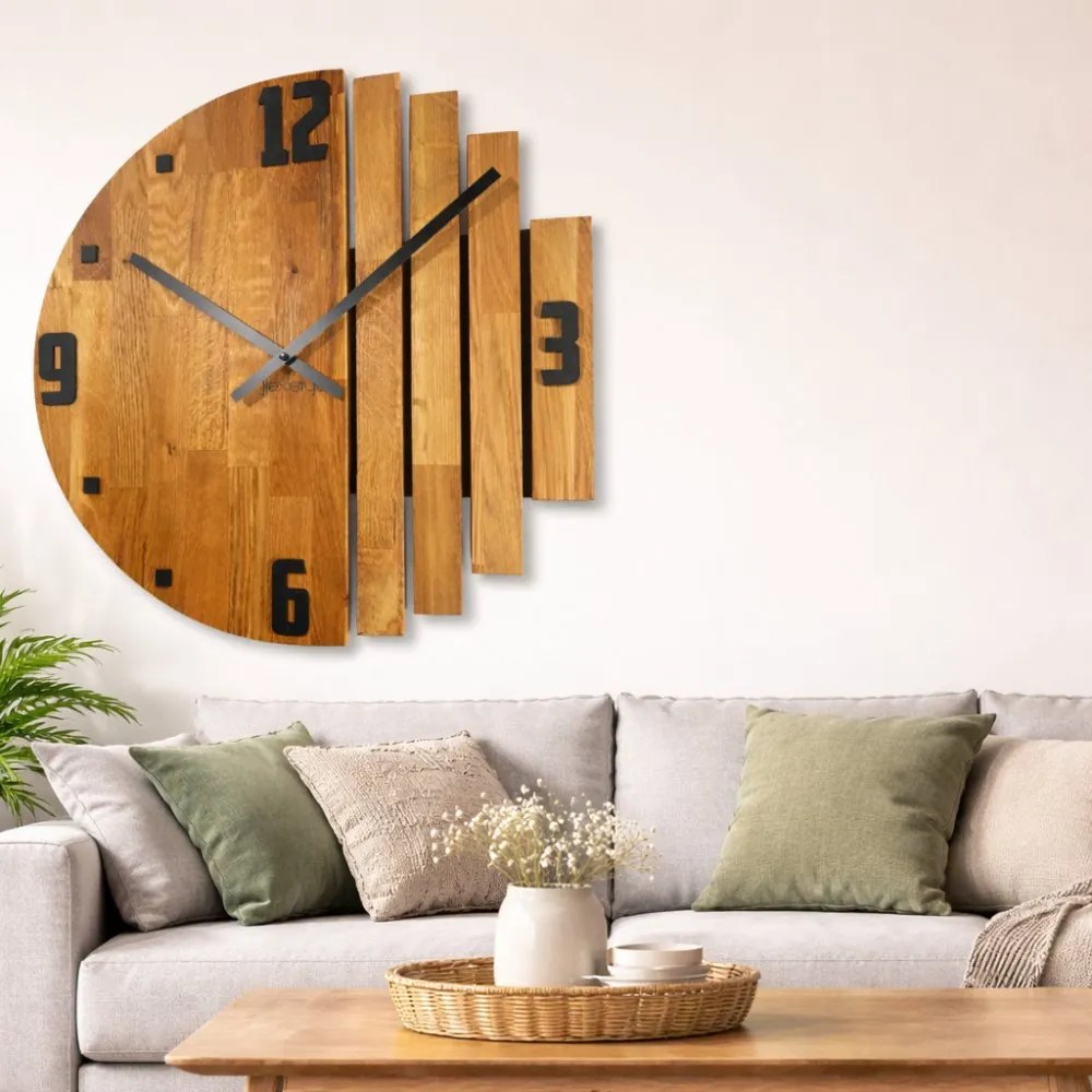 Дизайнерски дъбов стенен часовник ASYMETRIA с безшумен ход - 50 cm
