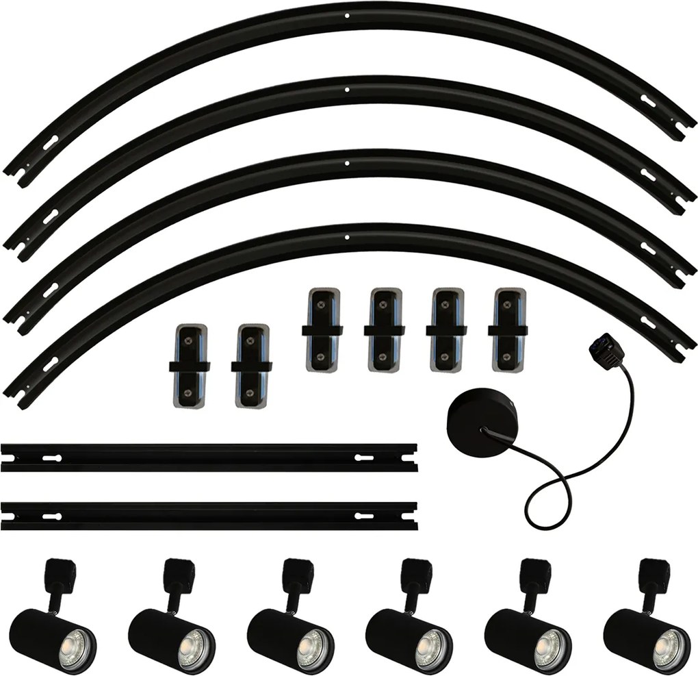 Модерна релсова система за осветление с 6 черни прожектора, 1-фазна, овална 100см - Iconic Jeana