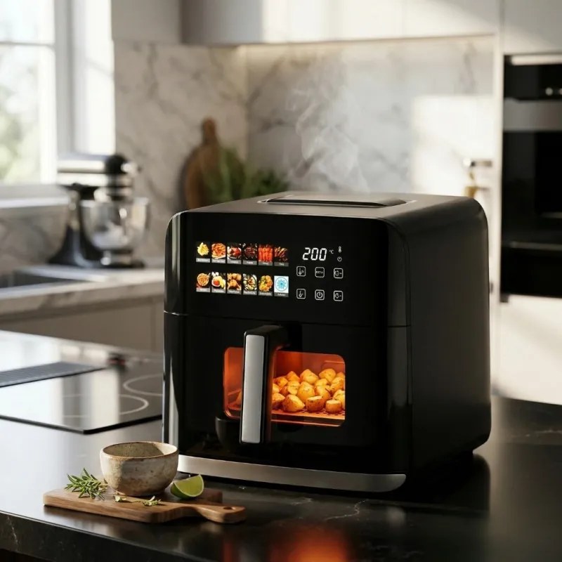 Фритюрник с горещ въздух Oliver Voltz OV51980CF, 1800W, 8 л, 80-200°C, 12 програми, Таймер, Горен и долен нагревател, Прозорец, LED, Черен